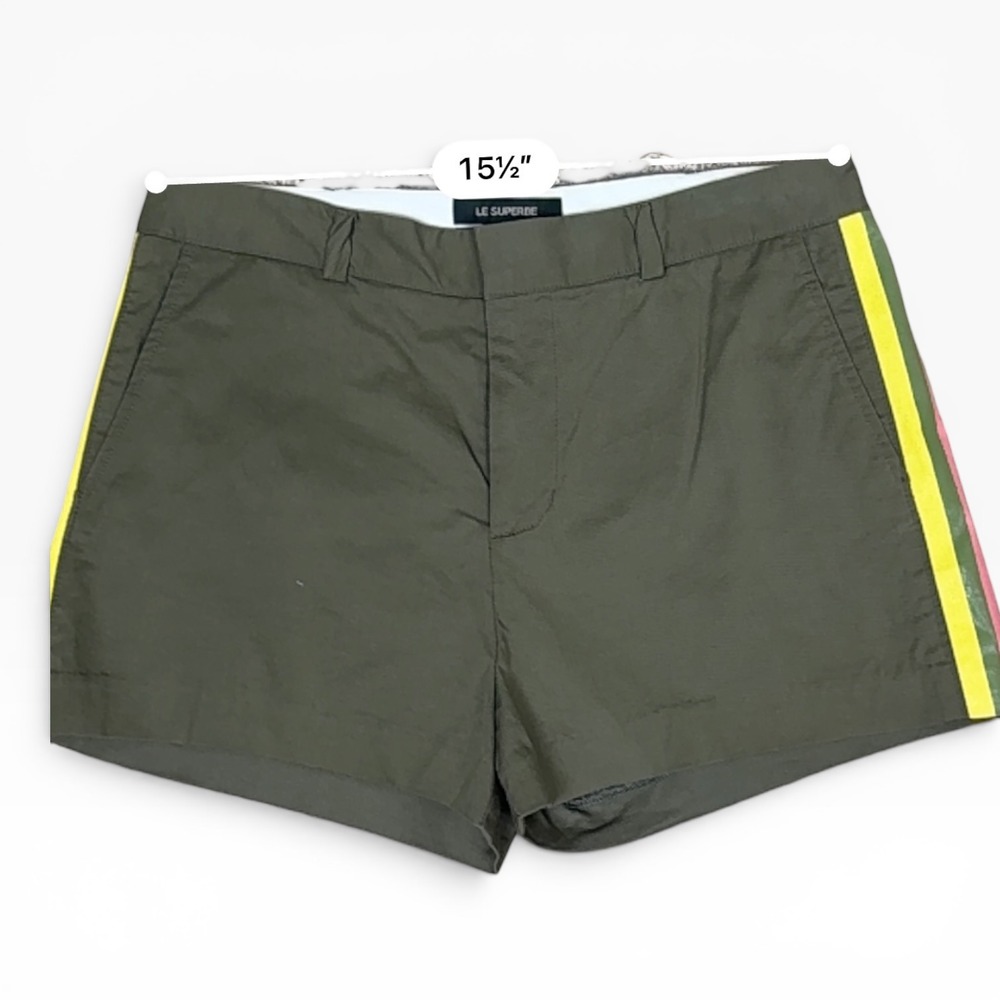 Le Superbe Racing Stripe Shorts Women 6 Olive Green Multi Color Side Tape Cotton - Picture 6 of 8